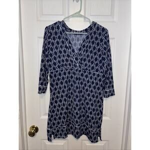 Lands End Women M Navy Nautical Rope Print Dress Cover Up V Neck Blue V-0929